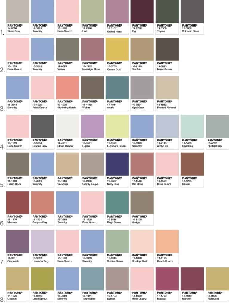 A Panton a következő színeket-árnyalatokat javasolja: